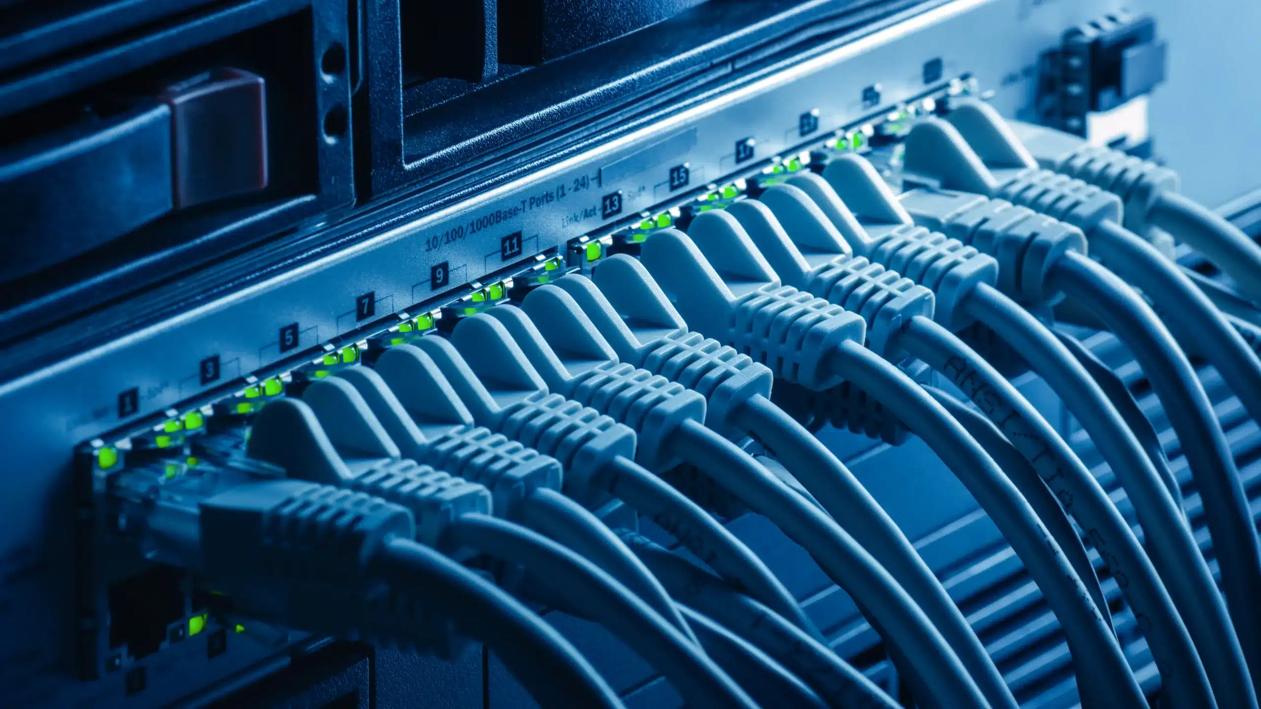 Image of a data switch with multiple Ethernet ports. Several cables are plugged into the ports, indicating active connections.